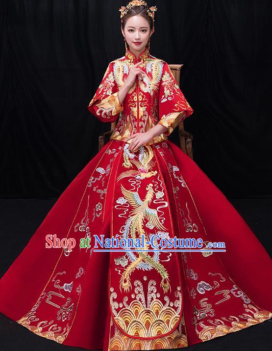 Chinese Traditional Bride Toast Embroidered Phoenix Red Xiuhe Suits Ancient Wedding Costumes for Women