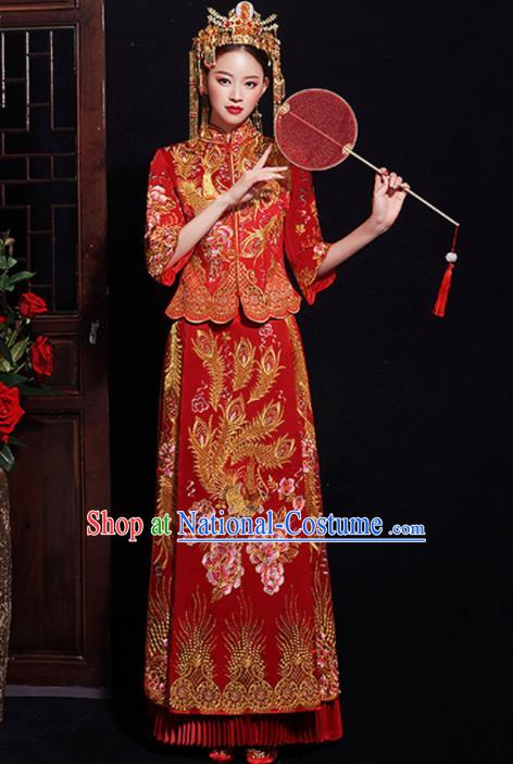 Chinese Traditional Bride Embroidered Phoenix Peony Xiuhe Suits Ancient Handmade Wedding Costumes for Women