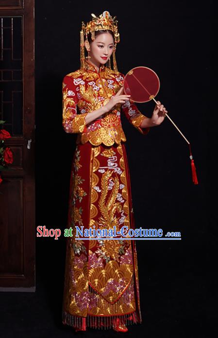 Chinese Traditional Bride Embroidered Red Xiuhe Suits Ancient Handmade Wedding Costumes for Women