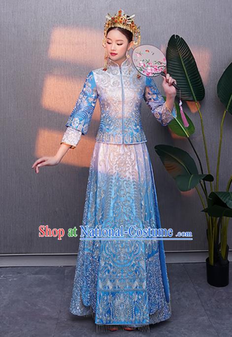 Chinese Traditional Bride Embroidered Blue Xiuhe Suits Ancient Handmade Wedding Costumes for Women