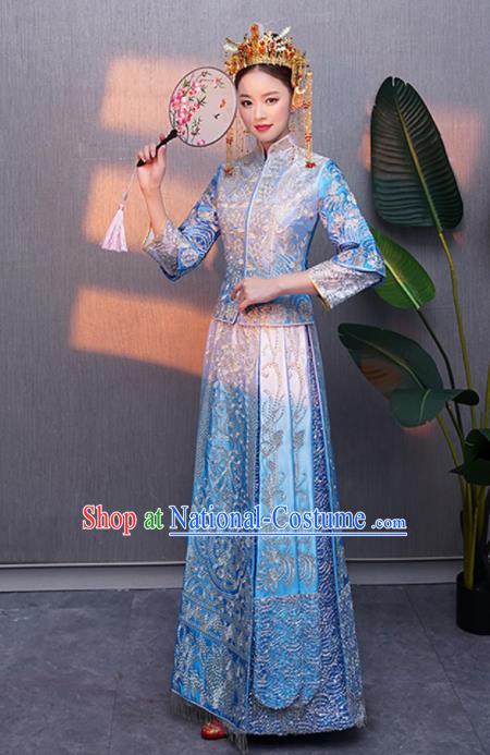 Chinese Traditional Bride Embroidered Blue Xiuhe Suits Ancient Handmade Wedding Costumes for Women