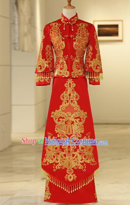 Chinese Traditional Bride Embroidered Xiuhe Suits Ancient Handmade Red Wedding Costumes for Women