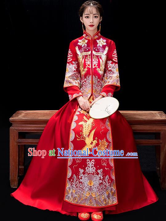 Chinese Traditional Bride Embroidered Phoenix Red Xiuhe Suits Ancient Wedding Costumes for Women