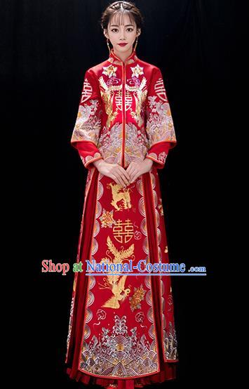 Chinese Traditional Bride Embroidered Phoenix Red Xiuhe Suits Ancient Handmade Wedding Costumes for Women