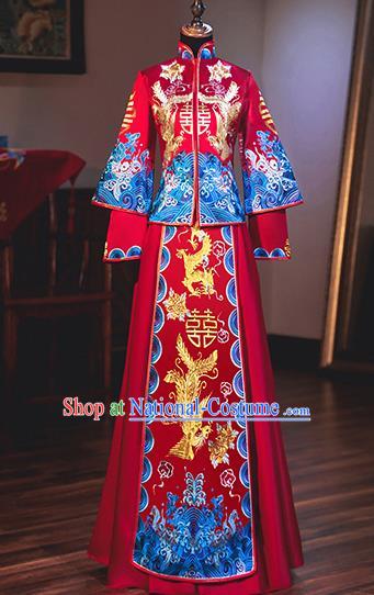 Chinese Traditional Bride Embroidered Xiuhe Suits Ancient Handmade Wedding Costumes for Women