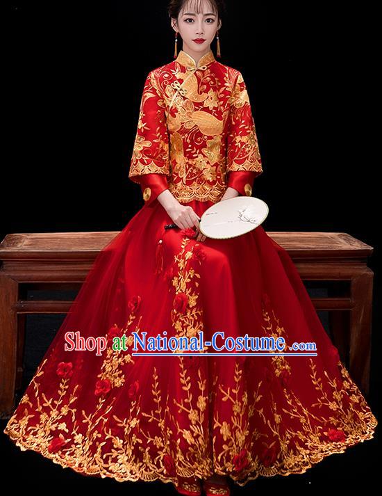 Chinese Traditional Bride Embroidered Red Veil Xiuhe Suits Ancient Handmade Wedding Costumes for Women