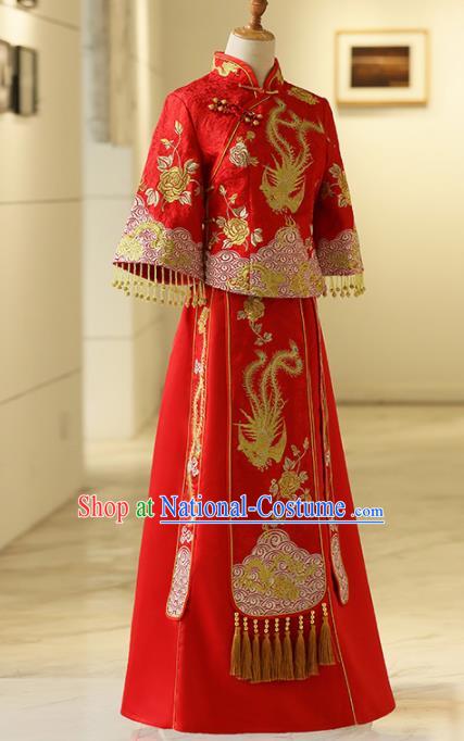 Chinese Traditional Bride Embroidered Phoenix Xiuhe Suits Ancient Handmade Red Wedding Costumes for Women