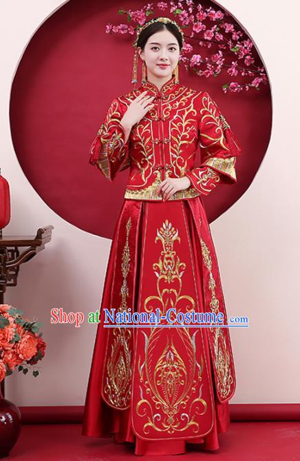 Chinese Traditional Bride Diamante Red Xiuhe Suits Ancient Handmade Wedding Costumes for Women