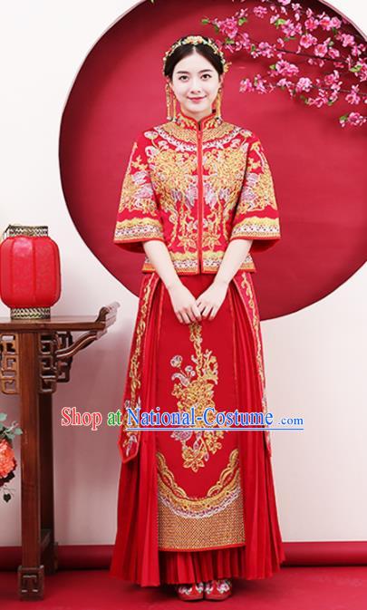 Chinese Traditional Bride Gilding Peony Red Xiuhe Suits Ancient Handmade Wedding Costumes for Women