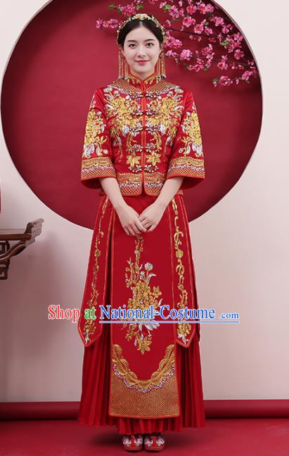 Chinese Traditional Bride Rhinestone Red Xiuhe Suits Ancient Handmade Wedding Costumes for Women