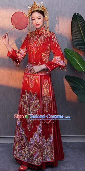 Chinese Traditional Bride Rhinestone Red Xiuhe Suits Ancient Handmade Embroidered Wedding Costumes for Women