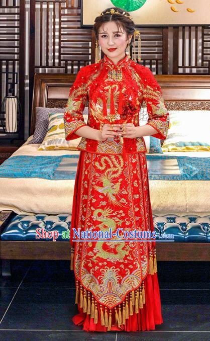 Chinese Traditional Bride Dragon Phoenix Red Xiuhe Suits Ancient Handmade Embroidered Wedding Costumes for Women