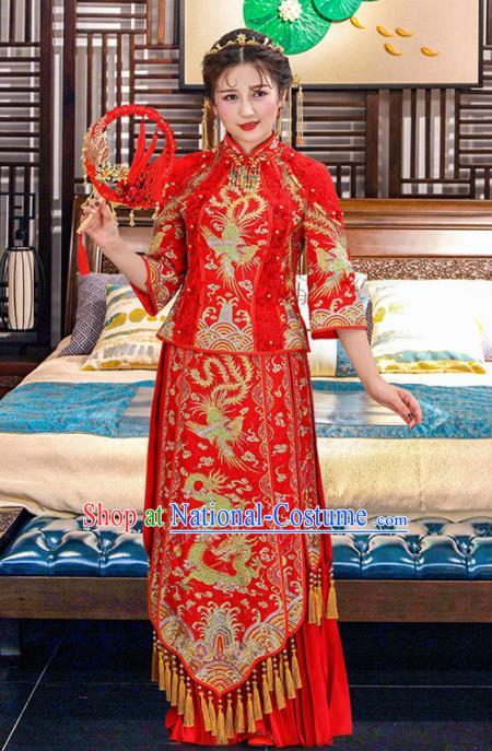 Chinese Traditional Bride Dragon Phoenix Red Xiuhe Suits Ancient Handmade Embroidered Wedding Costumes for Women