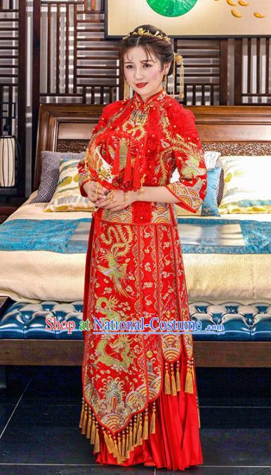 Chinese Traditional Bride Dragon Phoenix Red Xiuhe Suits Ancient Handmade Embroidered Wedding Costumes for Women