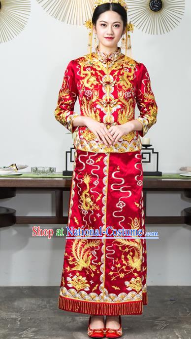 Chinese Traditional Bride Red Silk Xiuhe Suits Ancient Handmade Embroidered Wedding Costumes for Women