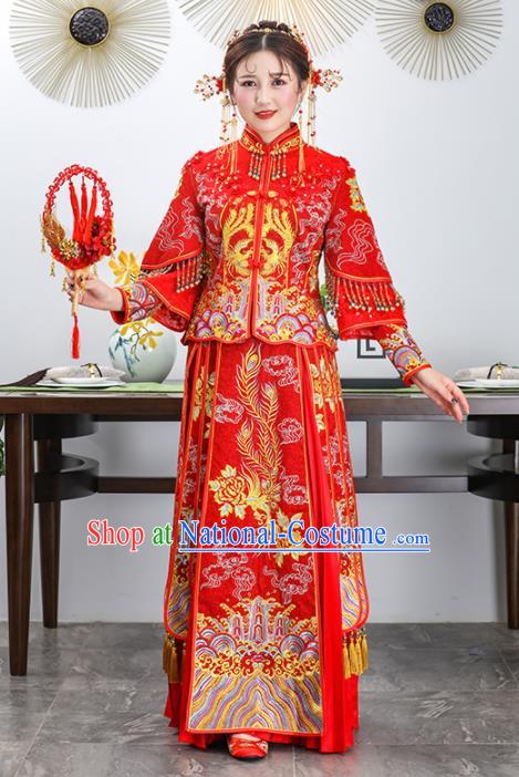 Chinese Traditional Bride Xiuhe Suits Ancient Handmade Embroidered Phoenix Red Wedding Costumes for Women