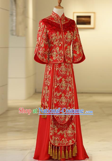 Chinese Traditional Bride Embroidered Peony Xiuhe Suits Ancient Handmade Red Wedding Costumes for Women