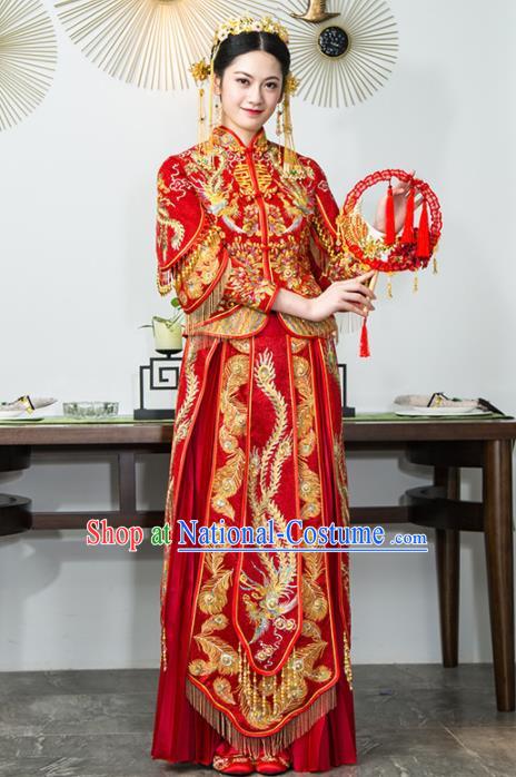 Chinese Traditional Bride Xiuhe Suits Ancient Handmade Red Embroidered Wedding Dresses for Women