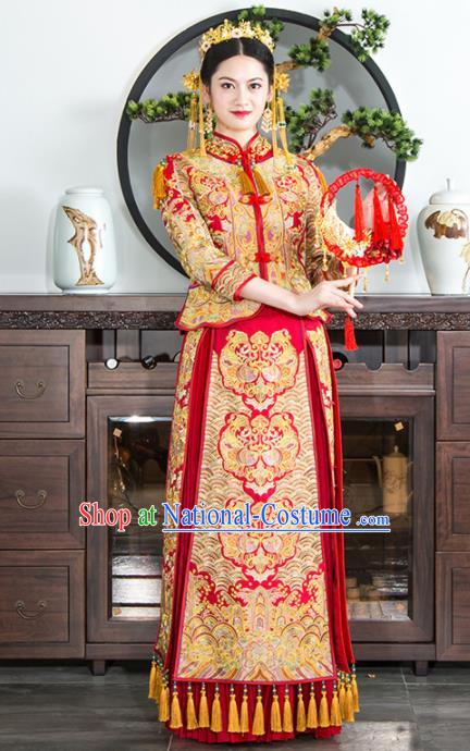 Chinese Traditional Bride Xiuhe Suits Ancient Handmade Red Embroidered Peony Wedding Dresses for Women