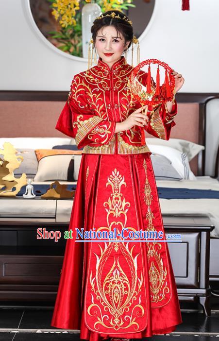 Chinese Traditional Bride Red Xiuhe Suits Ancient Handmade Embroidered Wedding Dresses for Women