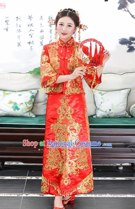 Chinese Traditional Bride Red Satin Xiuhe Suits Ancient Handmade Wedding Dresses for Women