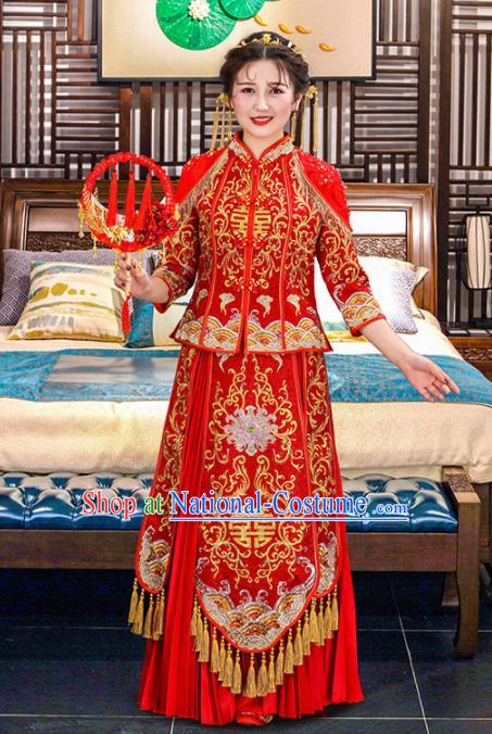 Chinese Traditional Bride Red Embroidered Xiuhe Suits Ancient Handmade Wedding Dresses for Women