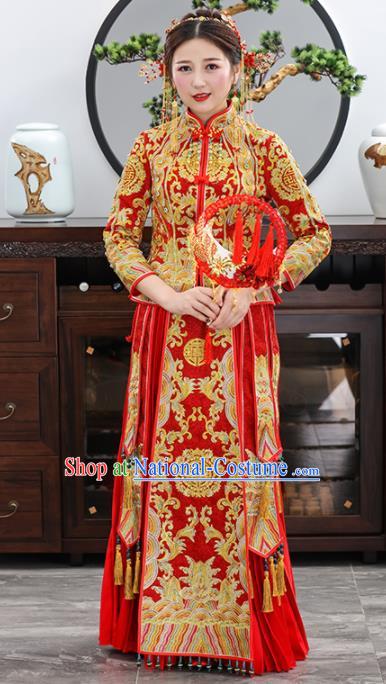 Chinese Traditional Bride Embroidered Red Xiuhe Suits Ancient Handmade Wedding Dresses for Women