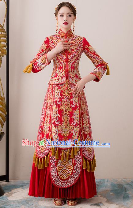 Chinese Traditional Bride Embroidered Diamante Xiuhe Suits Ancient Handmade Red Wedding Dresses for Women