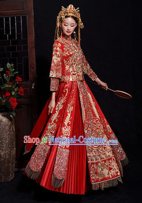 Chinese Traditional Bride Embroidered Tang Suit Xiuhe Suits Ancient Handmade Red Wedding Costumes for Women