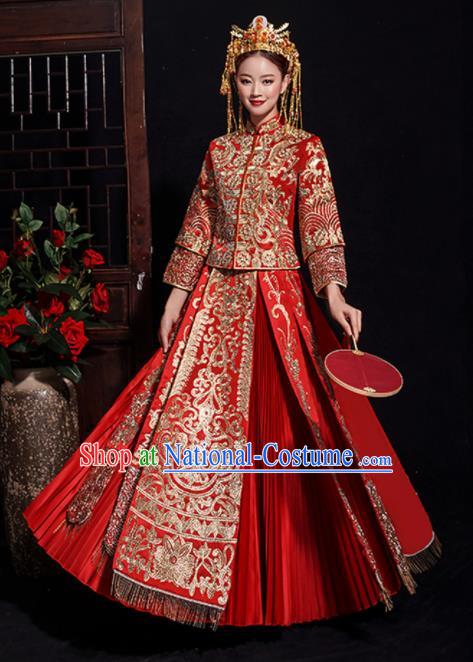 Chinese Traditional Bride Embroidered Tang Suit Xiuhe Suits Ancient Handmade Red Wedding Costumes for Women