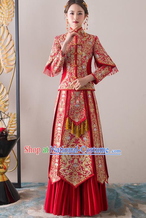 Chinese Traditional Bride Embroidered Slim Xiuhe Suits Ancient Handmade Red Wedding Dresses for Women