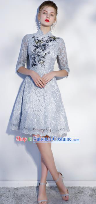 Chinese Traditional Bride Embroidered Slim Cheongsam Ancient Handmade Grey Lace Wedding Dress for Women