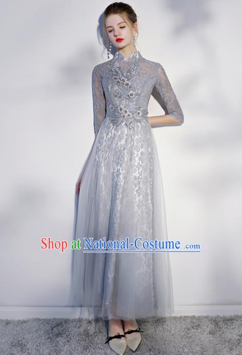 Chinese Traditional Bride Embroidered Slim Cheongsam Ancient Handmade Grey Veil Wedding Dress for Women