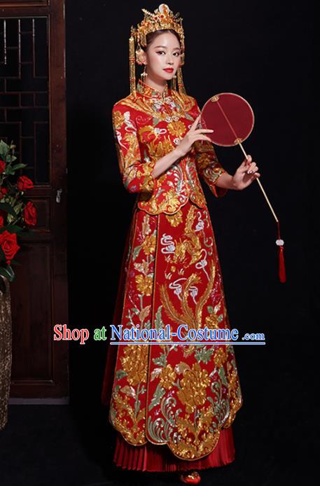 Chinese Traditional Bride Embroidered Peony Tang Suit Xiuhe Suits Ancient Handmade Red Wedding Costumes for Women