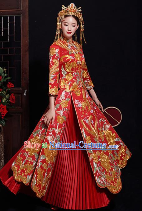 Chinese Traditional Bride Embroidered Peony Tang Suit Xiuhe Suits Ancient Handmade Red Wedding Costumes for Women