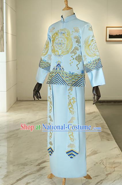 Chinese Traditional Wedding Blue Gown Ancient Bridegroom Embroidered Costumes for Men