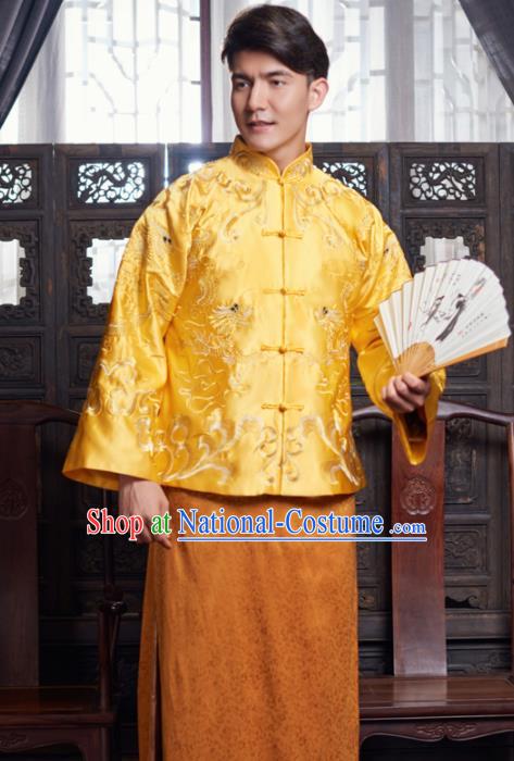 Chinese Traditional Wedding Golden Gown Ancient Bridegroom Embroidered Costumes for Men