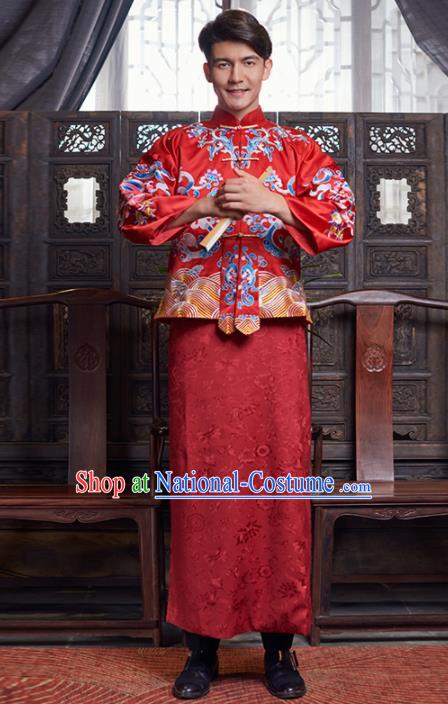 Chinese Traditional Wedding Red Mandarin Jacket Gown Ancient Bridegroom Embroidered Costumes for Men