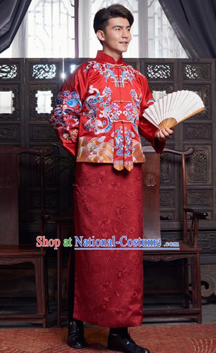 Chinese Traditional Wedding Red Mandarin Jacket Gown Ancient Bridegroom Embroidered Costumes for Men