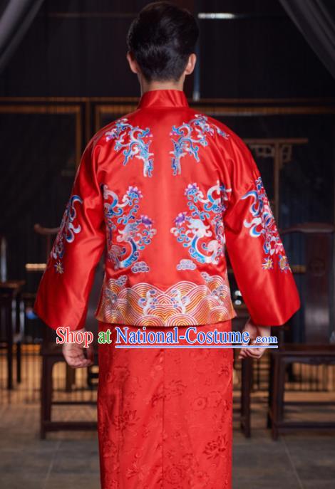 Chinese Traditional Wedding Red Mandarin Jacket Gown Ancient Bridegroom Embroidered Costumes for Men