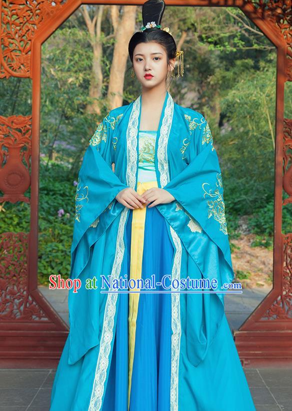 Traditional Chinese Tang Dynasty Imperial Consort Blue Hanfu Dress Ancient Drama Peri Goddess Costumes for Women