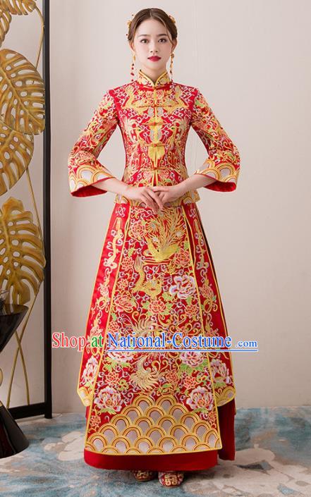 Chinese Traditional Bride Embroidered Cheongsam Ancient Handmade Xiuhe Suits Wedding Dress for Women