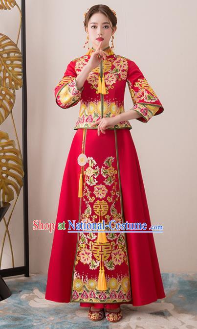 Chinese Traditional Bride Embroidered Peony Cheongsam Ancient Handmade Xiuhe Suits Wedding Dress for Women