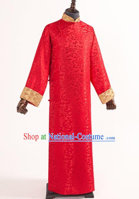 Chinese Traditional Wedding Red Silk Gown Ancient Bridegroom Embroidered Costumes for Men