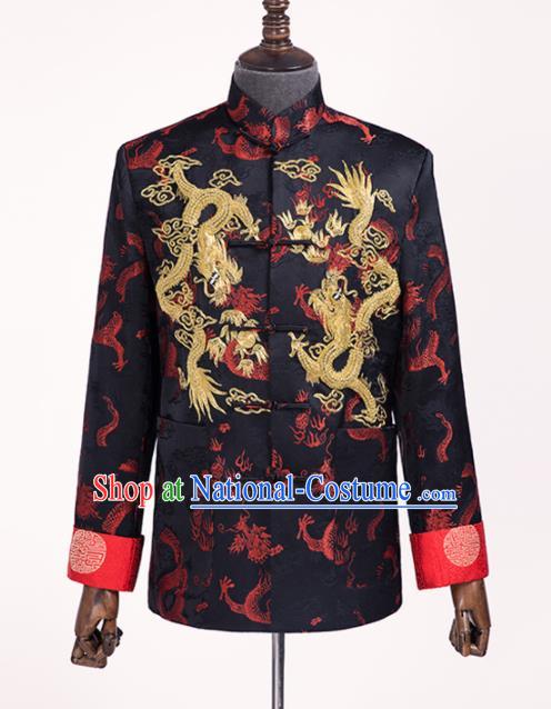 Chinese Traditional Wedding Black Shirt Ancient Bridegroom Embroidered Dragons Costumes for Men