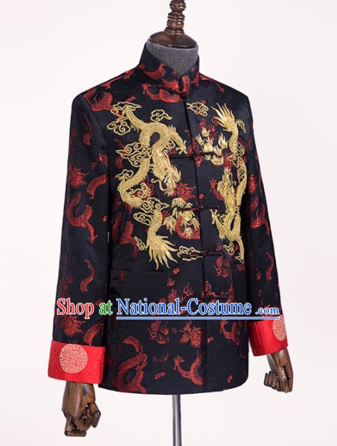 Chinese Traditional Wedding Black Shirt Ancient Bridegroom Embroidered Dragons Costumes for Men