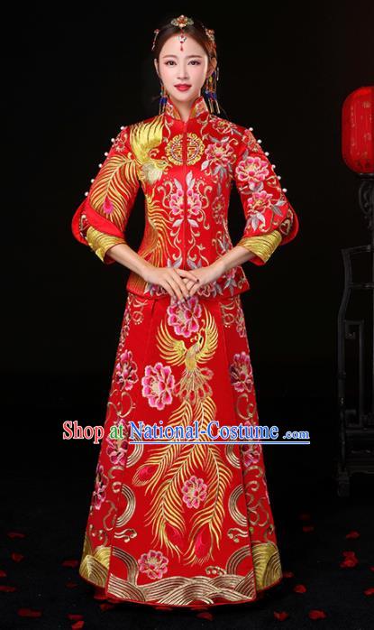 Chinese Traditional Embroidered Phoenix Peony Cheongsam Ancient Bride Handmade Xiuhe Suits Wedding Dress for Women