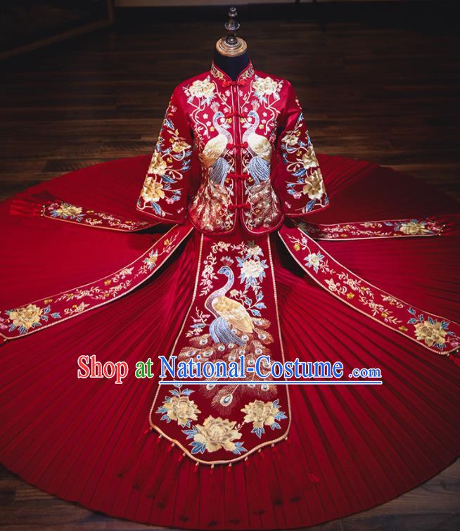 Chinese Traditional Embroidered Cranes Cheongsam Ancient Bride Handmade Xiuhe Suits Wedding Dress for Women