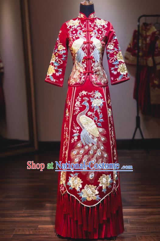 Chinese Traditional Embroidered Cranes Cheongsam Ancient Bride Handmade Xiuhe Suits Wedding Dress for Women