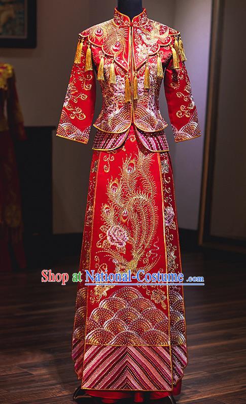 Chinese Traditional Embroidered Phoenix Cheongsam Ancient Bride Handmade Xiuhe Suits Wedding Dress for Women